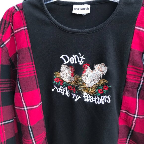 Upcycled Flannel Tee, Size S-M: Reworked Oversized Chickens Graphic Pullover - Picture 11 of 11